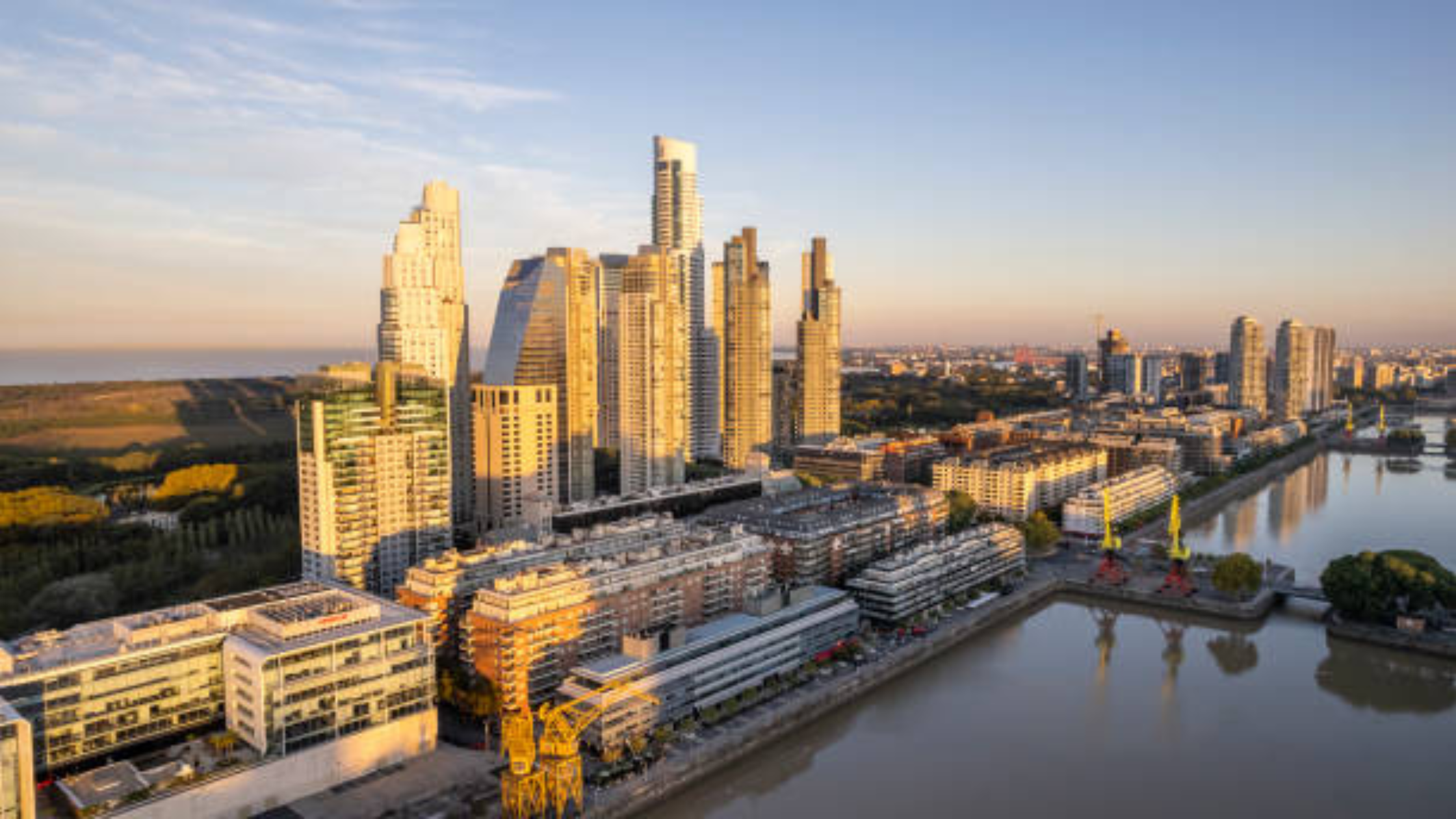 Dawn at Puerto Madero and commercial buildings. 